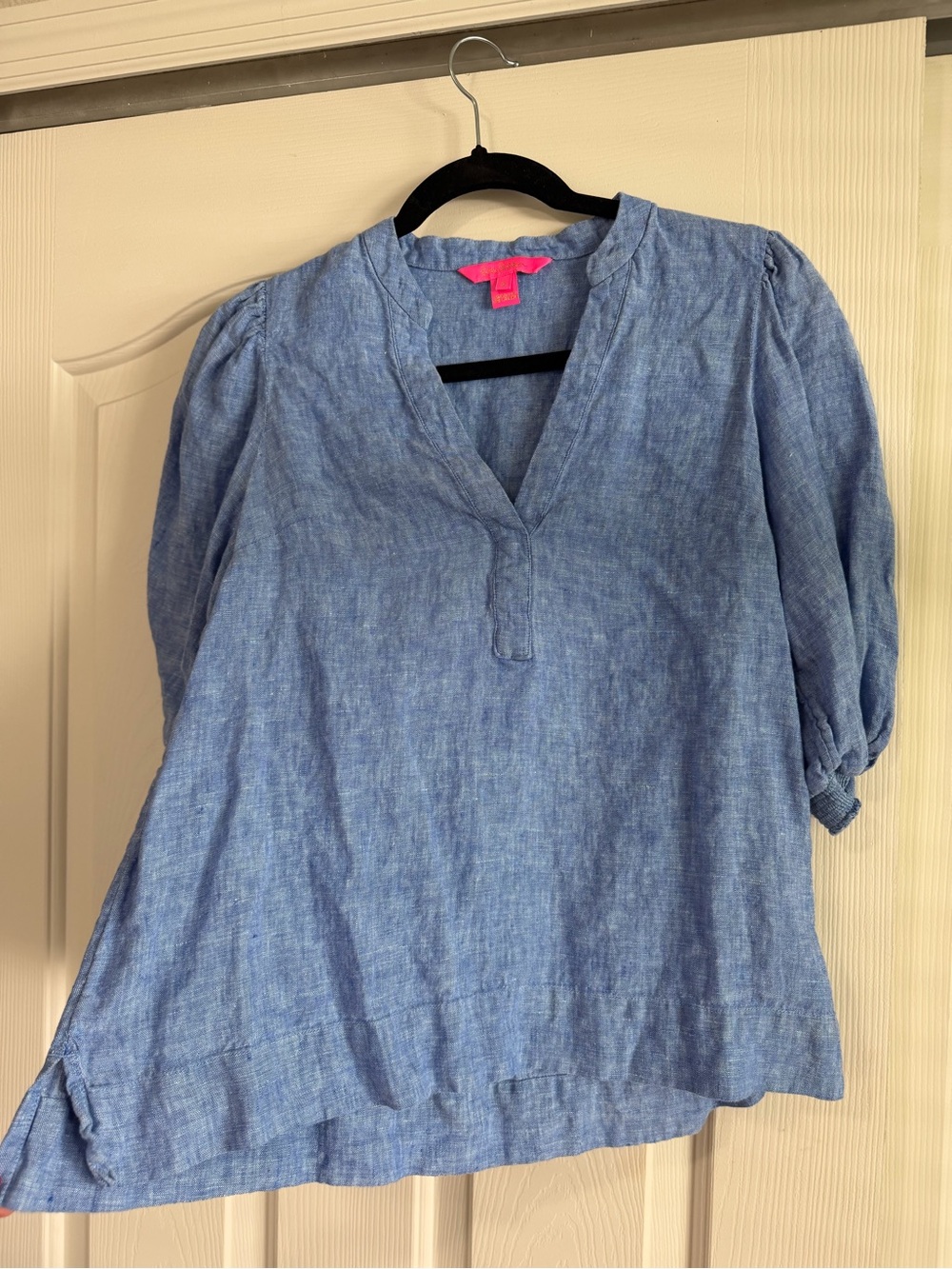 Lilly Pulitzer Mialeigh Elbow Sleeve Linen Top Beckon Blue Sea Salt - Picture 7 of 7